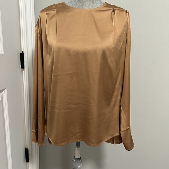 Express Satin Long Sleeve Pleated Gramercy Top Pecan M NWT - Picture 2 of 3